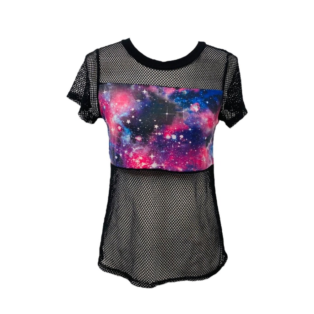Rue 21 Galaxy Women's Shirt Black Fish Net Style Short Sleeve Size Small